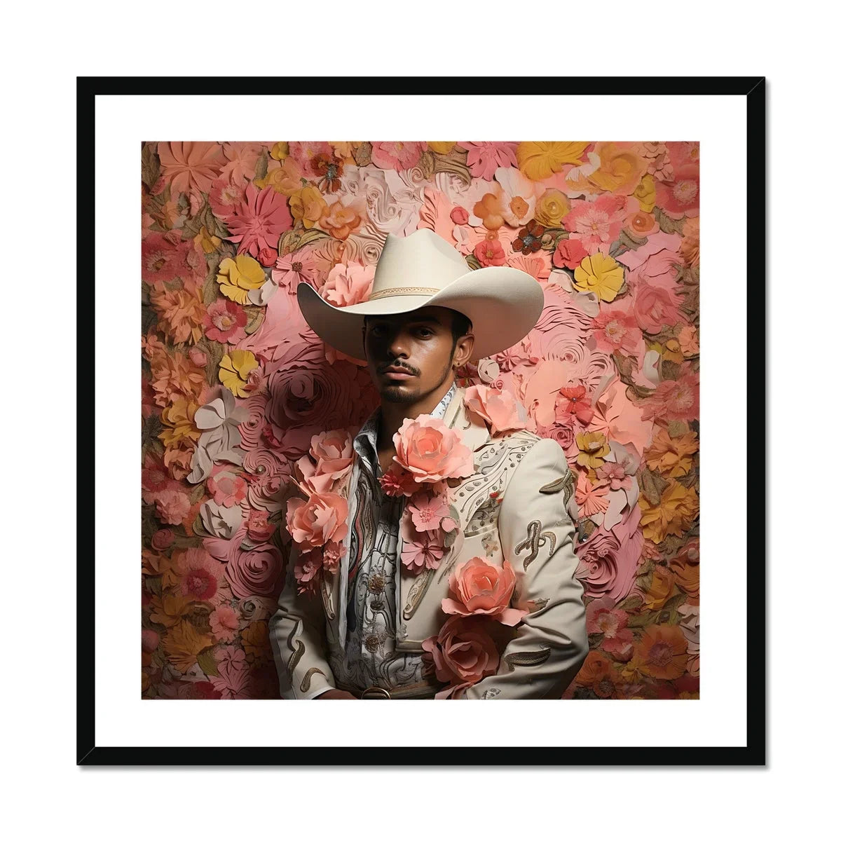 Fernando Gay Mexican Vaquero Art Print, Person White Cowboy Hat Light Colored Jacket Floral Backdrop