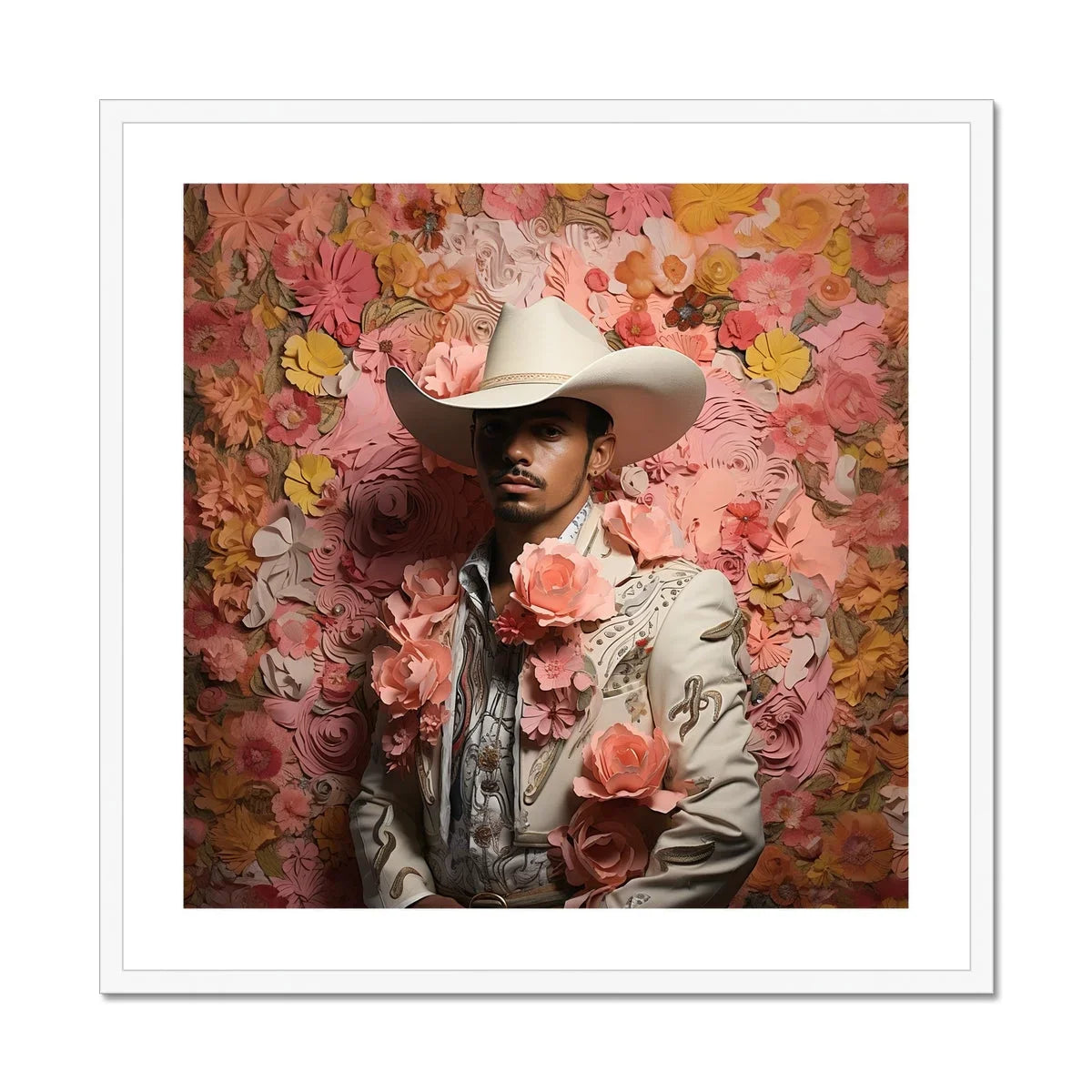 Fernando Gay Mexican Vaquero Art Print, Person White Cowboy Hat Light Colored Jacket Floral Backdrop