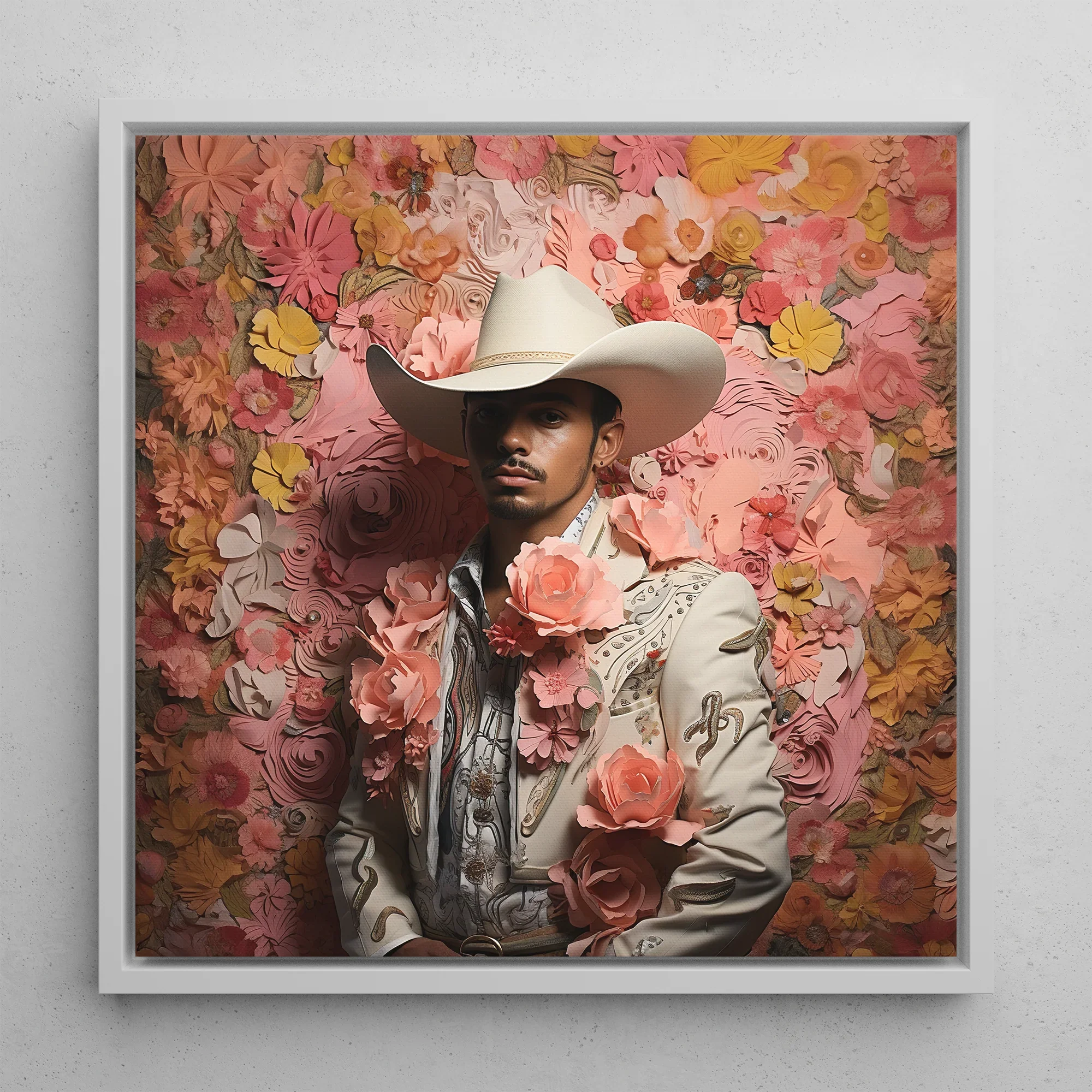 Fernando - Gay Mexican Vaquero Framed Canvas, 12’’x12’’ / White Floating Frame, Framed Floral Cowboy Portrait