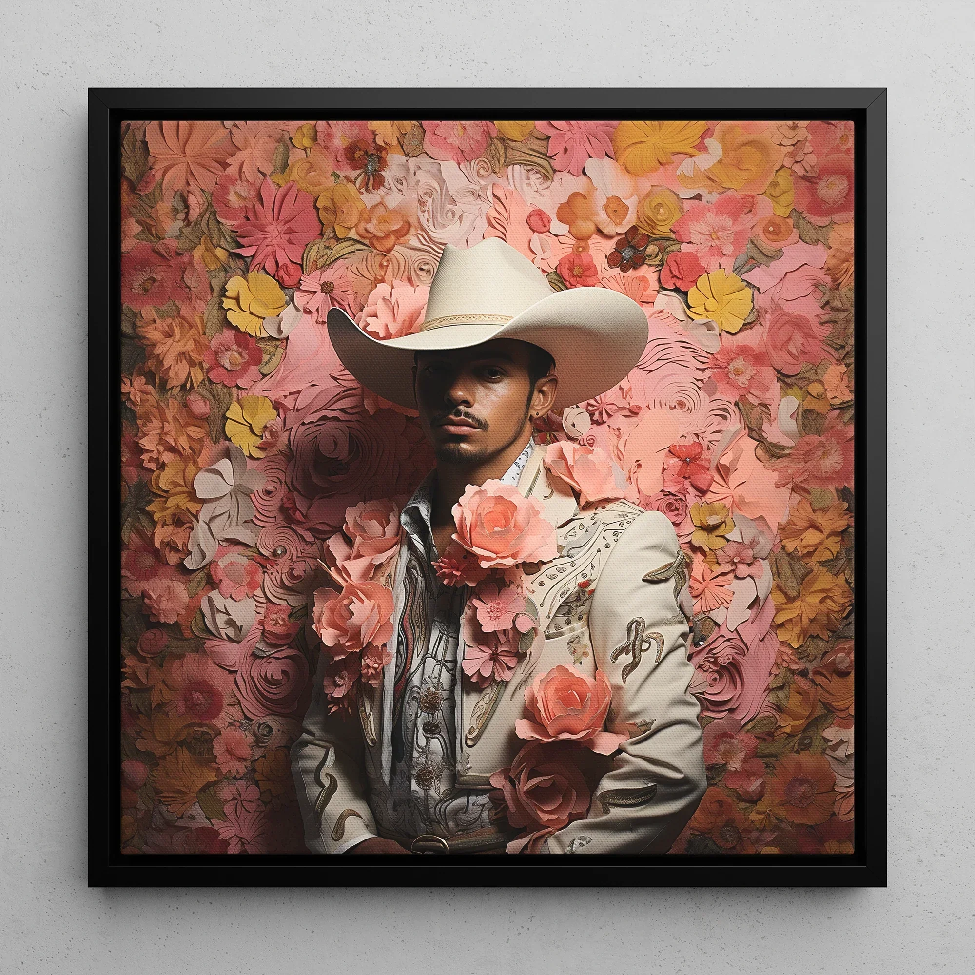 Fernando - Gay Mexican Vaquero Framed Canvas, Framed Floral Cowboy Portrait