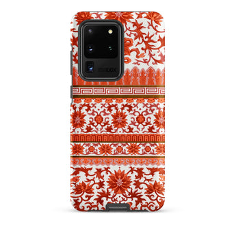 Fiery Chinoiserie Florals - Owen Jones Samsung Case, Galaxy S20 Ultra / Matte, White Phone Case Intricate Red Orange Floral Geometric