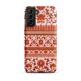 Fiery Chinoiserie Florals - Owen Jones Samsung Case, Galaxy S21 Plus / Matte, Phone Case Intricate Orange White Floral Geometric Pattern