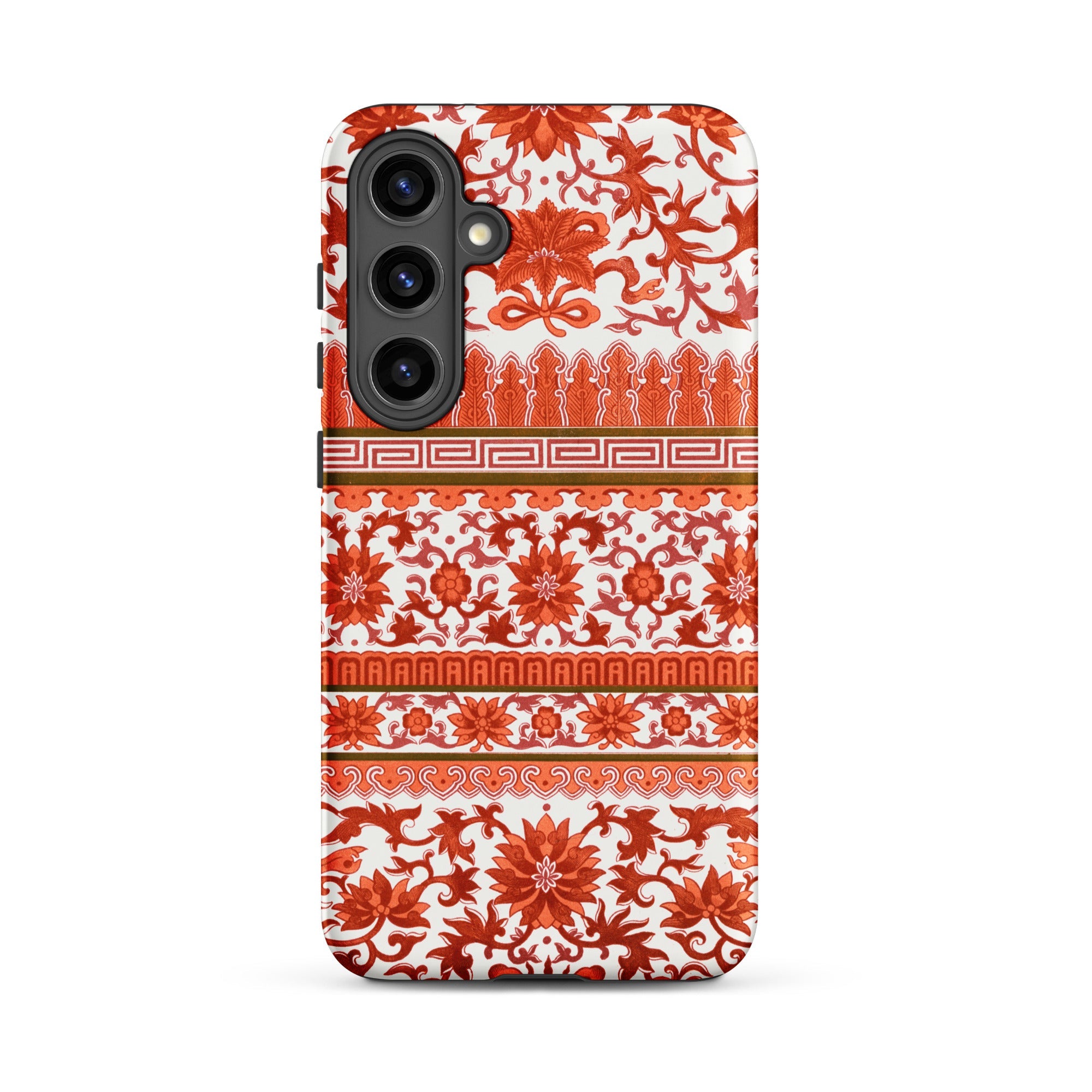 Fiery Chinoiserie Florals Owen Jones Samsung Case, Galaxy S24 Plus / Matte, White Smartphone Case Intricate Orange Floral Geometric Patterns