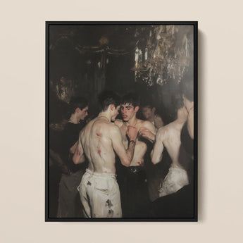 Fisticuffs - Baroque Gay Brawling Lovers Framed Canvas, 12x16’’ / 31x41cm / Black Floating Frame, Framed Painting Shirtless Men