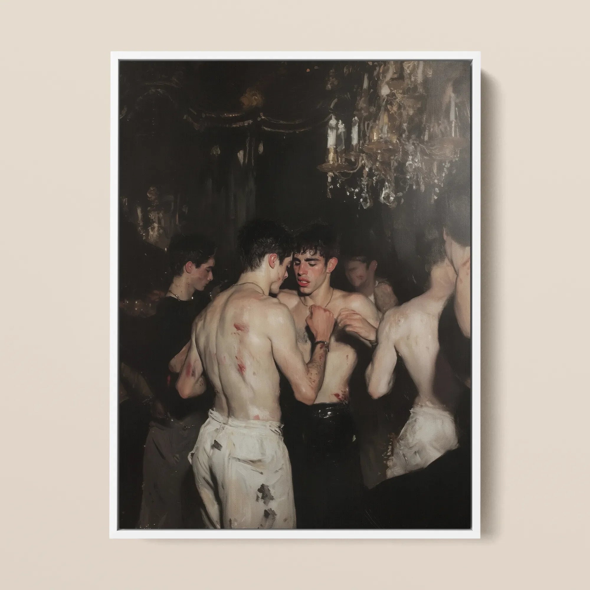 Fisticuffs - Baroque Gay Brawling Lovers Framed Canvas, 12x16’’ / 31x41cm / White Floating Frame, Framed Painting Shirtless Men Dark Ornate