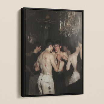Fisticuffs - Baroque Gay Brawling Lovers Framed Canvas, Framed Painting Shirtless Men Dimly Lit Ornate Room