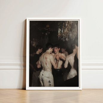White-framed Art Print Dramatic Dark-toned Painting Shirtless Men Baroque Gay Fight, Club, Bodies Rest