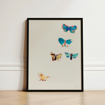 Framed Artwork Five Colorful Hand-painted Butterflies Blue Teal Odilon Redon, Invisible Aria