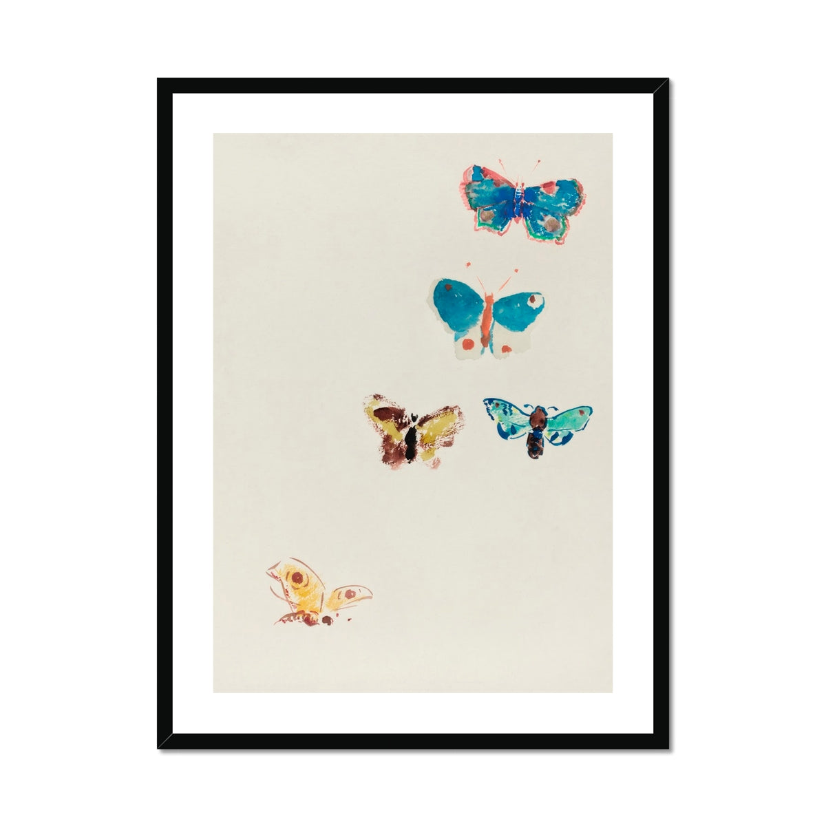 Five Butterflies Odilon Redon Art Print, Framed Butterfly Watercolor Painting