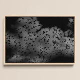 Flock of Birds at Dusk - Black & White Art Print / Canvas, 18x12’’ / 46x31cm / Natural Frame, Posters Prints Visual Artwork, Toby Leon