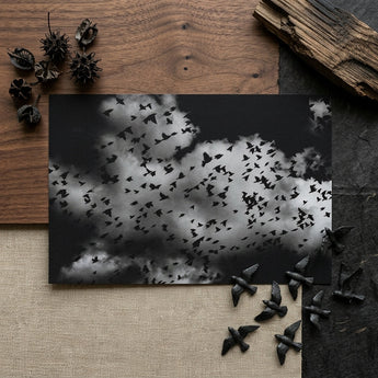 Flock of Birds at Dusk - Black & White Art Print / Canvas Black-and-white Photographic Print Flock Birds Flight Dramatic Clouds White Art