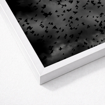 Black-and-white Framed Artwork Flock Birds Flight Cloudy Sky White Art Print, Gray Canopy, Surge