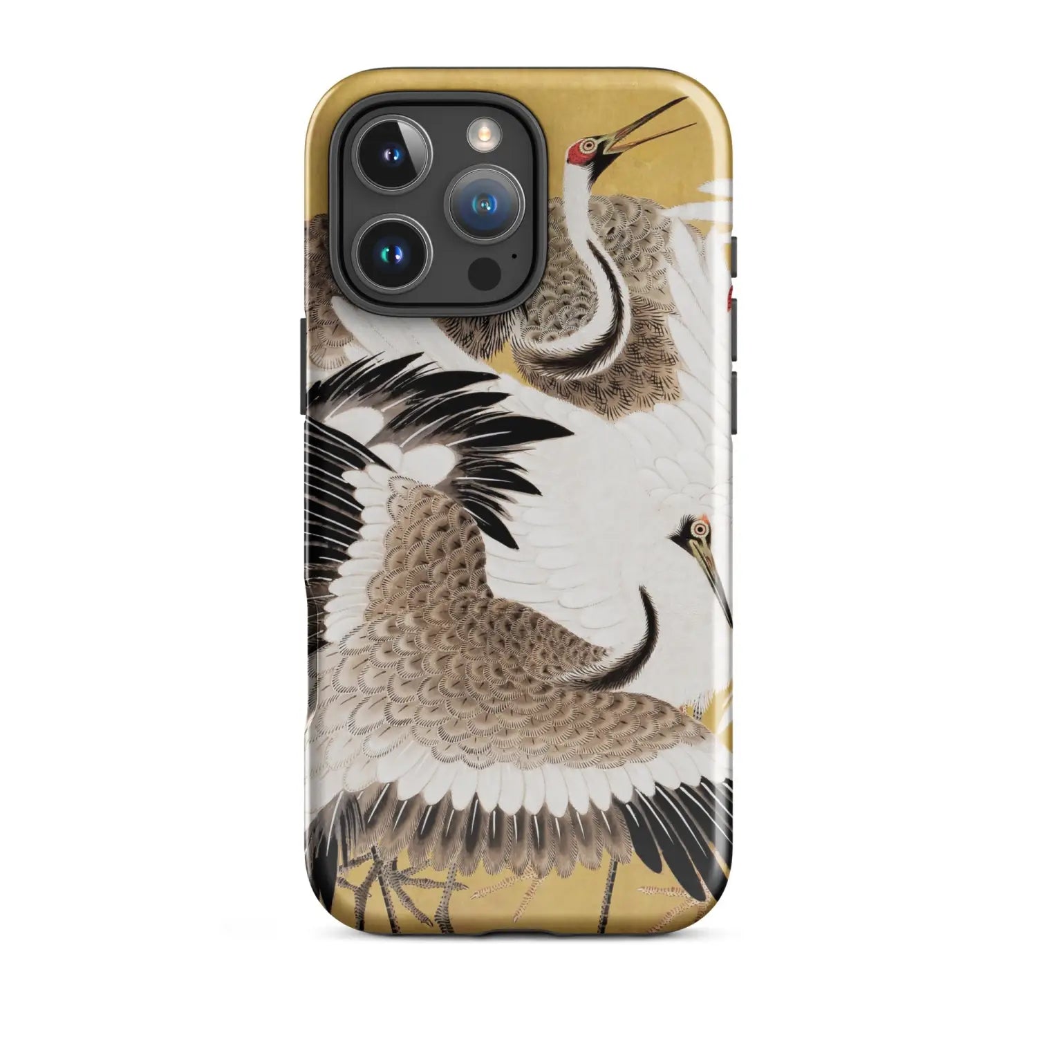 Gold and white crane bird art iPhone case with black feather design