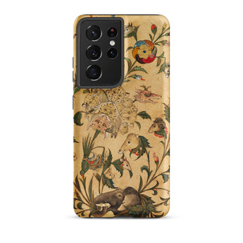 Floral Fantasy of Animals and Birds Samsung Case, Galaxy S21 Ultra / Matte, Phone Case Black Camera Module Gold Background Elaborate