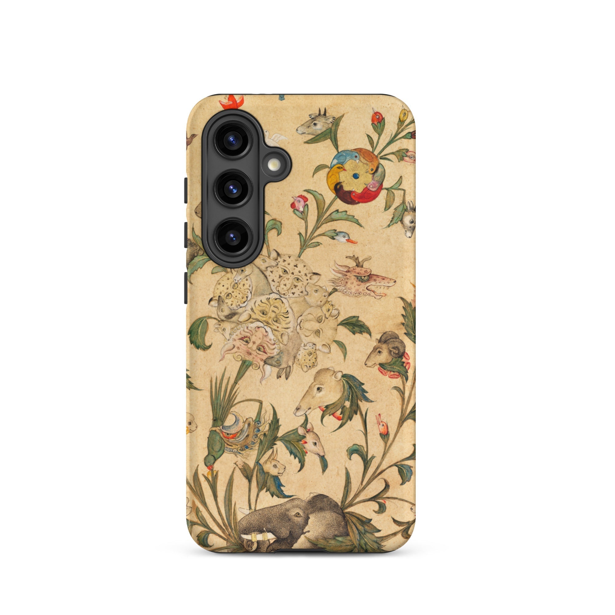 Floral Fantasy of Animals and Birds Samsung Case, Galaxy S24 / Matte, Beige Phone Case Medieval Style Botanical Animal Pattern