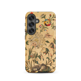 Floral Fantasy of Animals and Birds Samsung Case, Galaxy S25 / Matte, Smartphone Case Ornate Beige Pattern Mythical Creatures Floral