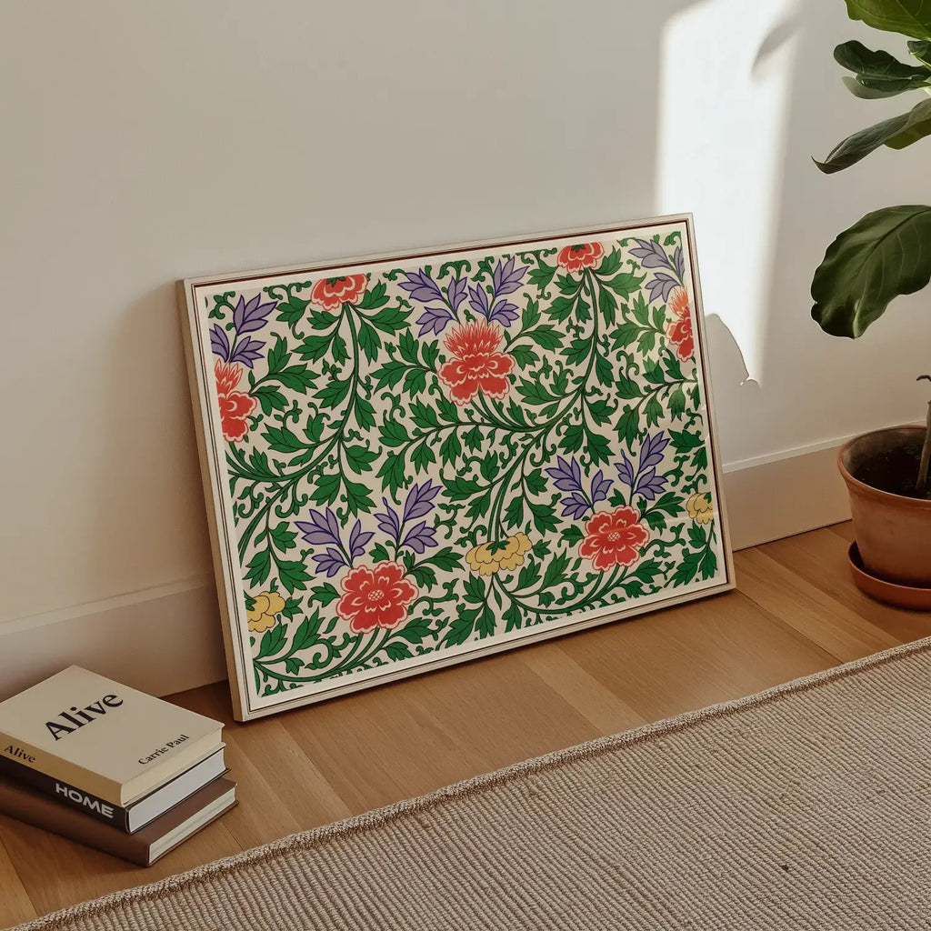 Illustration botanique chinoise - Impression d'art d'Owen Jones, Œuvre florale encadrée Pivoines rouges Fleurs violettes Vert