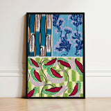 Framed Artwork Vibrant Stylized Botanical Design Teal Blue Art Print, Coloris Nouveaux, Nouveau