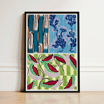 Framed Art Print Vibrant Stylized Botanical Design Teal, Coloris Nouveaux, Nouveau