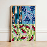 Framed Artwork Tripartite Design Stylized Botanical Motifs Teal Art Print, Coloris Nouveaux, Nouveau