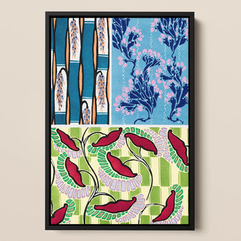 Floréal-dessins & Coloris Nouveaux - E.a. Séguy Art Print / Canvas Framed Artwork Tripartite Design Stylized Botanical Motifs Teal Art