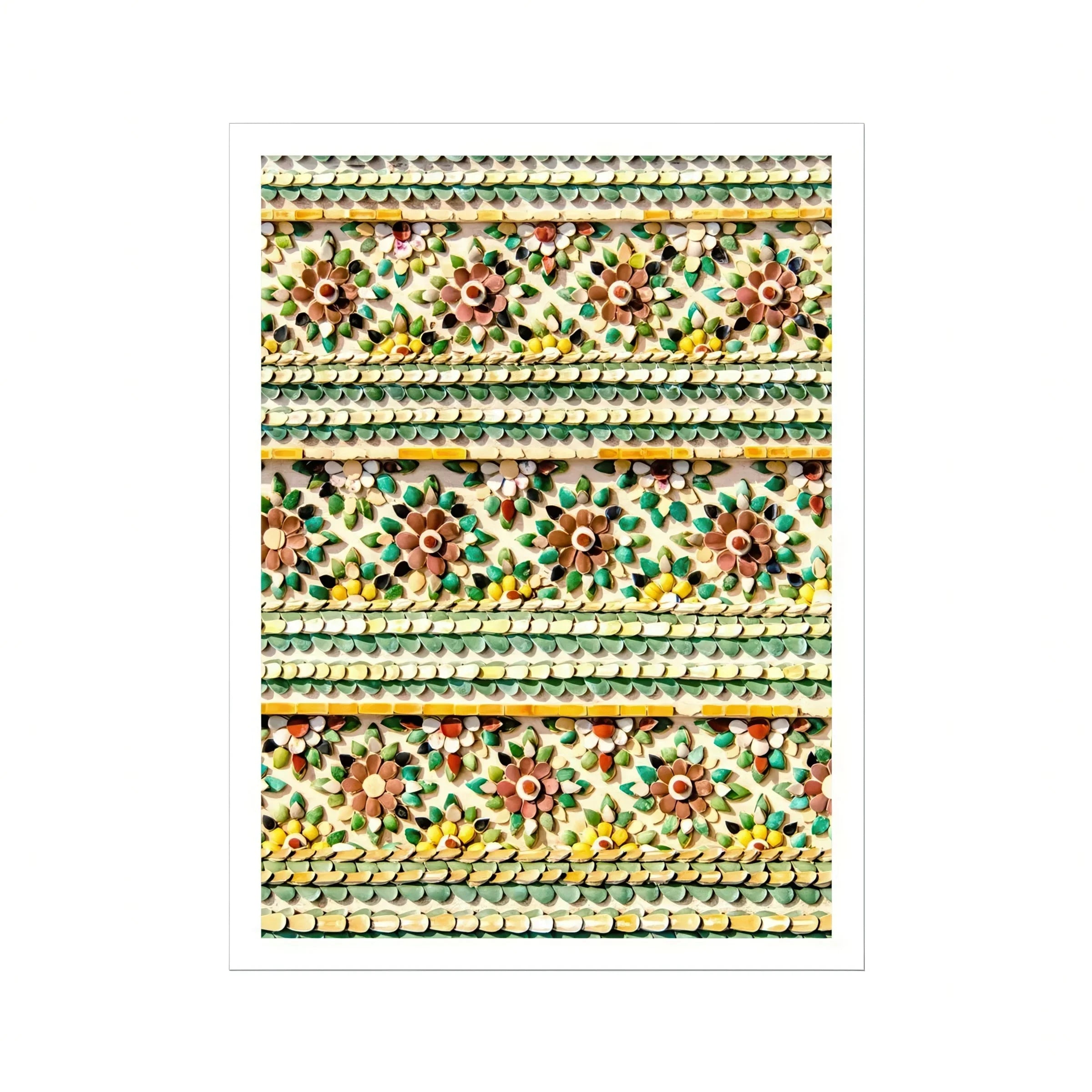 Flower Beds Floral Thai Temple Mosaic Art Print, Decorative Floral Pattern Horizontal Stripes Brown Flowers Green