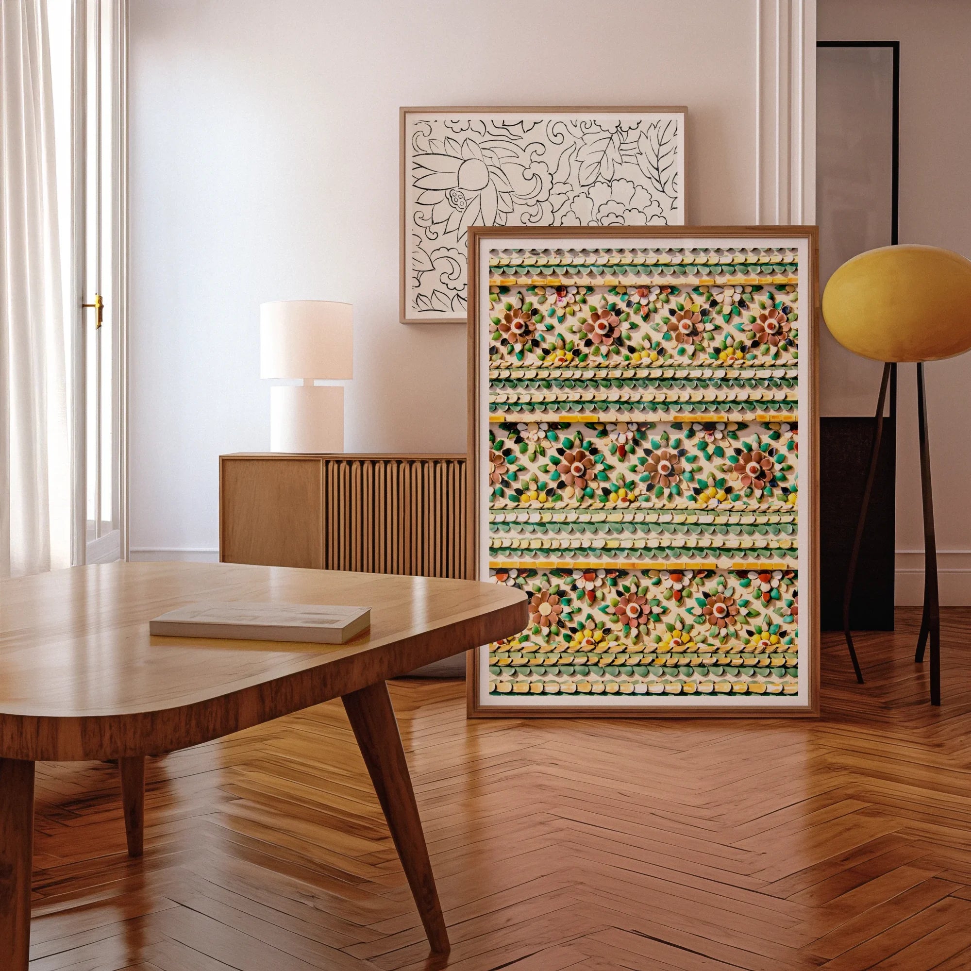 Flower Beds - Floral Thai Temple Mosaic Art Print, Framed Mosaic Artwork Colorful Floral Patterns Arranged Horizontal