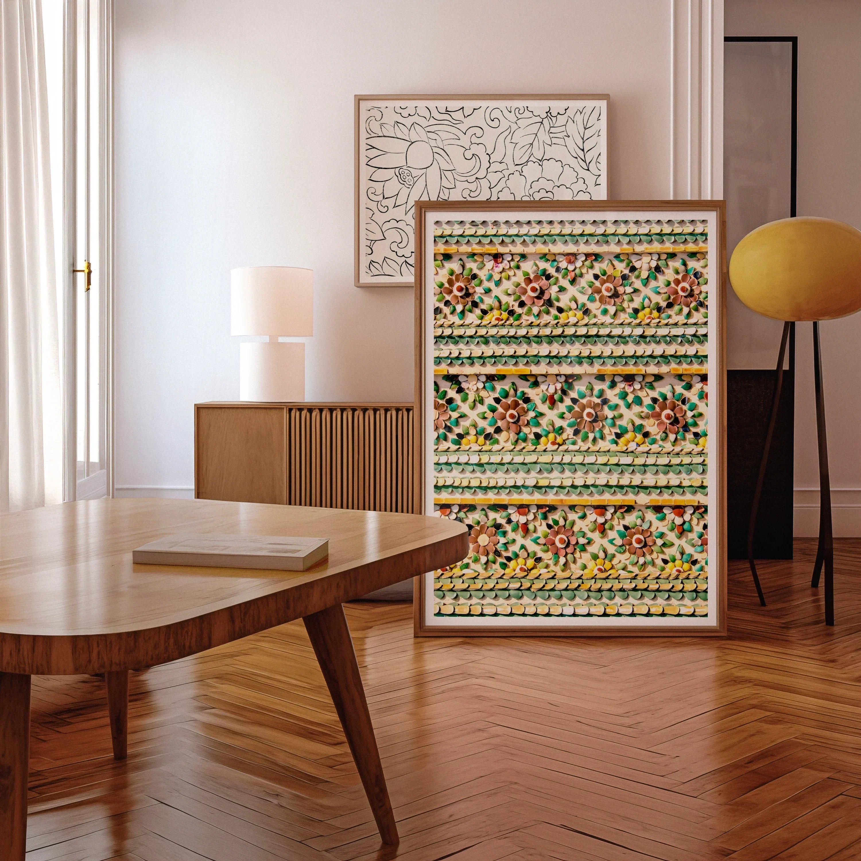Flower Beds Floral Thai Temple Mosaic Art Print, Framed Mosaic Artwork Colorful Floral Patterns Arranged Horizontal