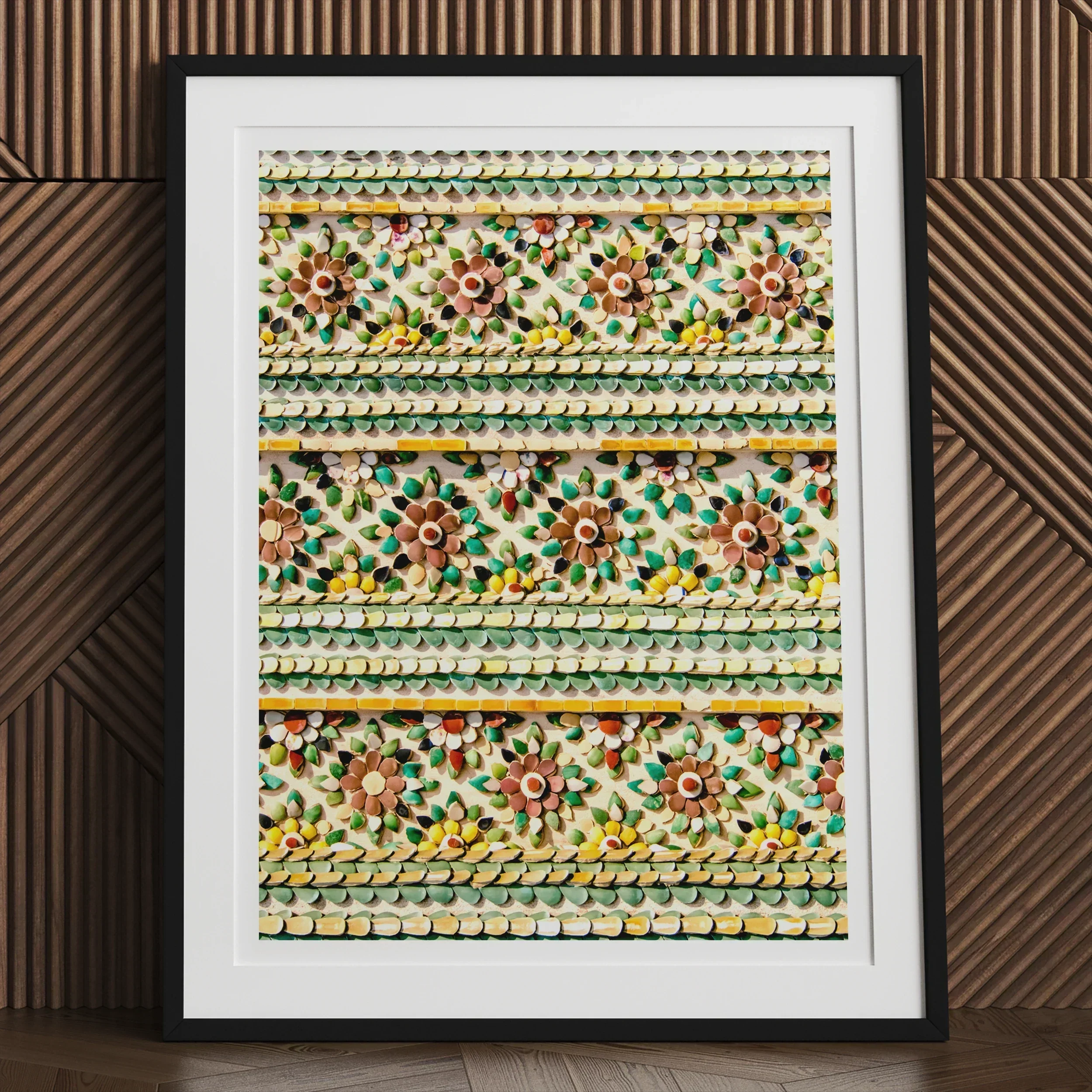 Flower Beds - Floral Thai Temple Mosaic Art Print, Framed Artwork Floral Geometric Patterns Green Yellow Brown