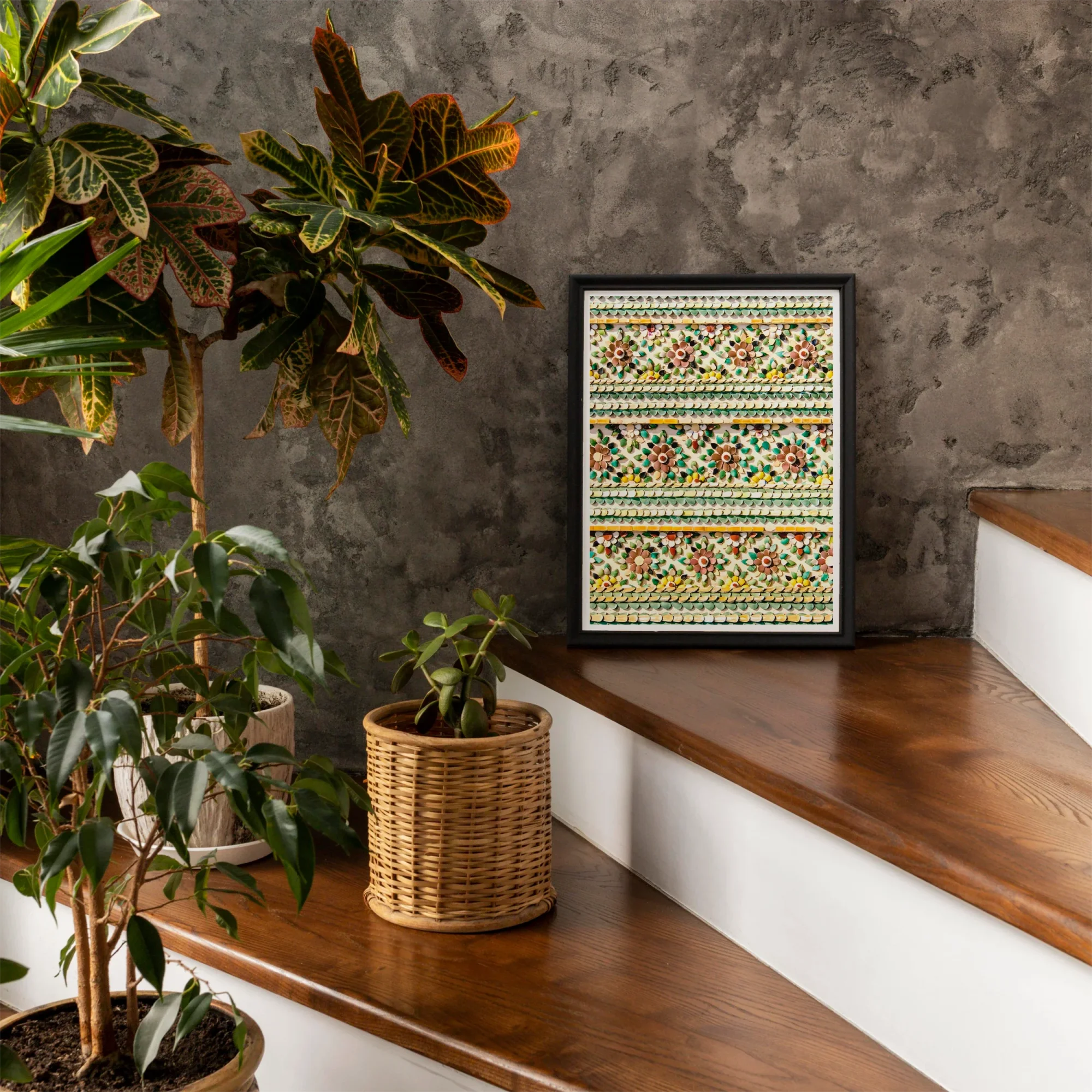 Flower Beds - Floral Thai Temple Mosaic Art Print, Framed Cross-stitch Artwork Colorful Floral Geometric Patterns Horizontal