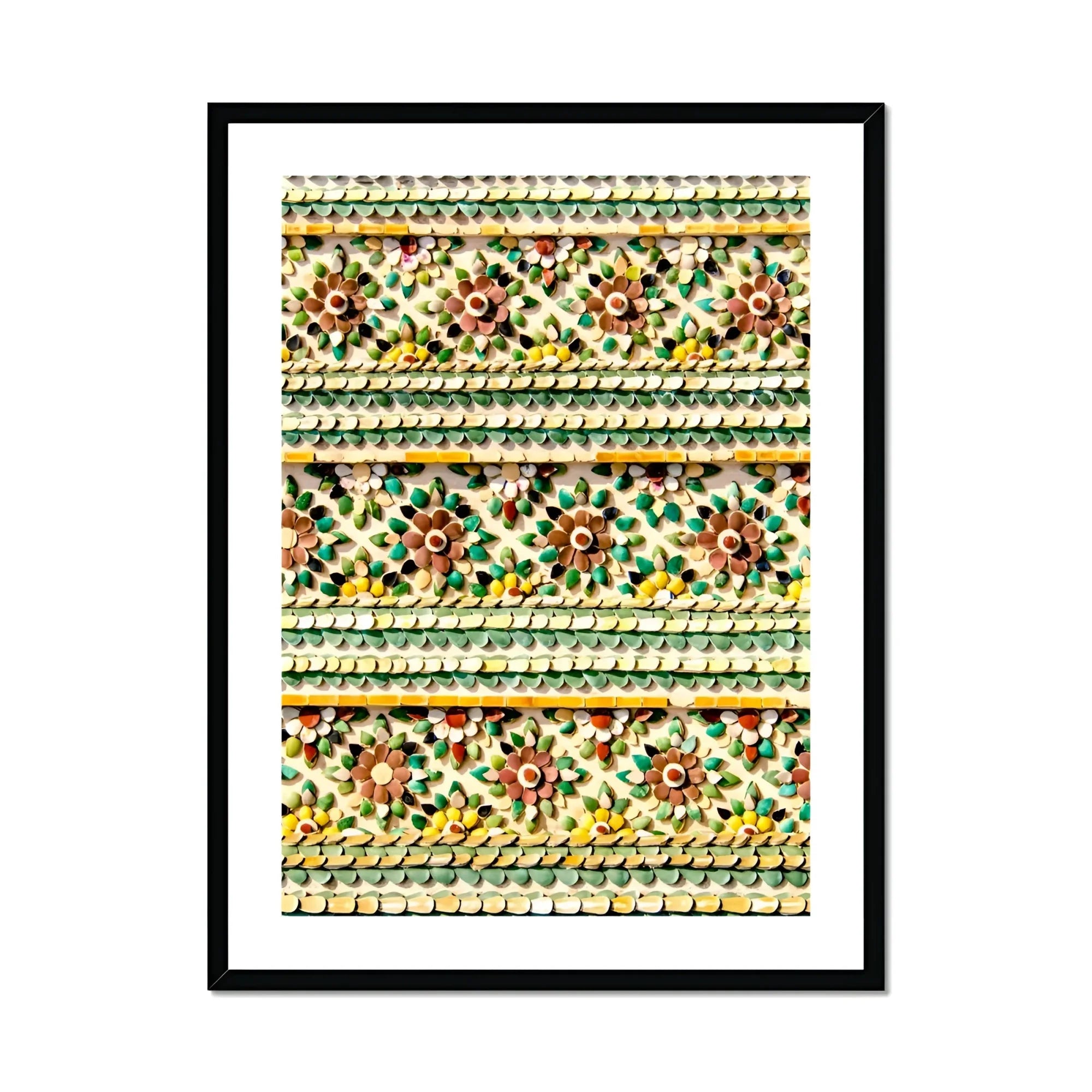 Flower Beds - Floral Thai Temple Mosaic Art Print, Framed Decorative Pattern Floral Borders Geometric Stripes