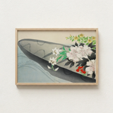 Framed Japanese-style Artwork Dark Gray Boat Adorned White Kamisaka Sekka Charts, Tiger Lilies Arched, Ceremonial Hush