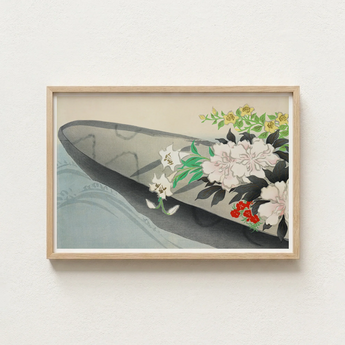 Framed Japanese-style Print Dark Gray Boat Adorned Delicate Kamisaka Sekka Charts, Tiger Lilies Arched, Ceremonial Hush