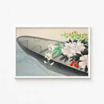 Framed Japanese-style Print Dark Gray Boat Filled White Kamisaka Sekka Charts, Tiger Lilies Arched, Ceremonial Hush