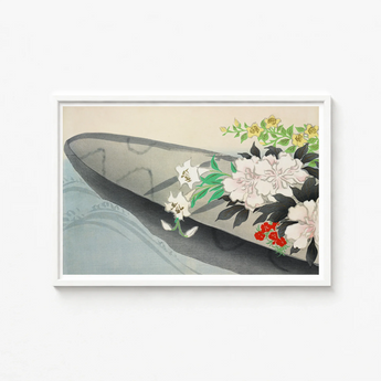 Framed Japanese-style Print Dark Gray Boat Adorned Delicate Kamisaka Sekka Charts, Tiger Lilies Arched, Ceremonial Hush