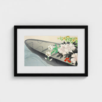 Flower Boat - Kamisaka Sekka Art Print / Canvas Black-framed Watercolor Illustration White Pink Peonies Charts, Tiger Lilies Arched,