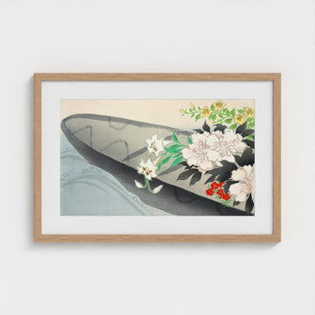 Flower Boat - Kamisaka Sekka Art Print / Canvas Framed Japanese-style Dark Canoe Adorned Vibrant White Charts, Tiger Lilies Arched,