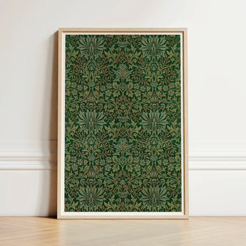 Framed Artwork Intricate Botanical Pattern Deep Green Accents William Morris Flower, Garden, Victorian Design Innovation