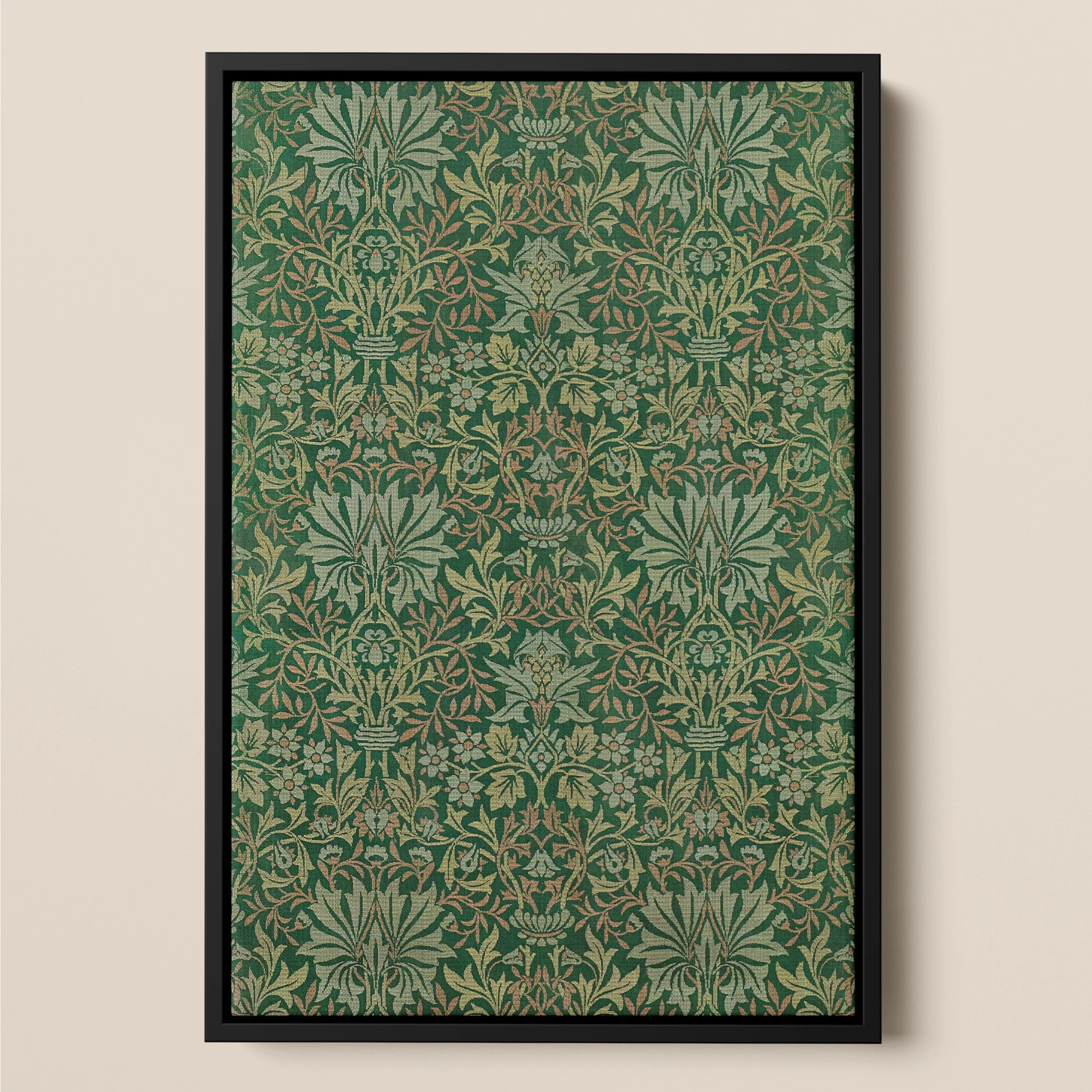 Flower Garden - William Morris Pattern Art Framed Canvas, Framed Print Intricate Green Floral Foliage Pattern