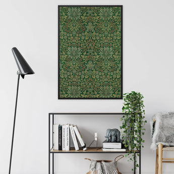 Flower Garden - William Morris Pattern Art Framed Canvas, Framed Green Black Floral Damask Pattern Artwork
