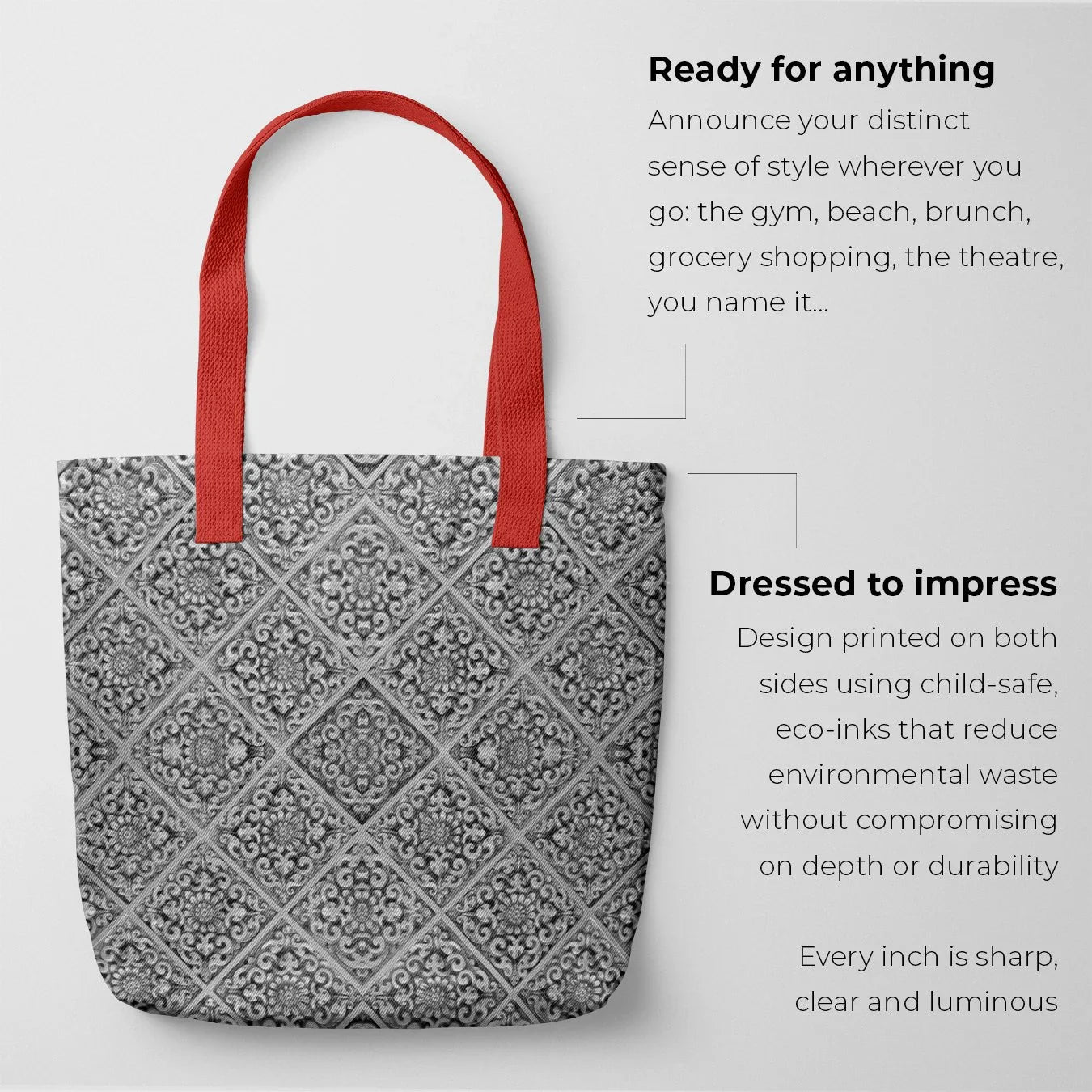 Flower Maze Tote - Black and White Shopping Bag, Tote Bag Black White Geometric Pattern Red Handles