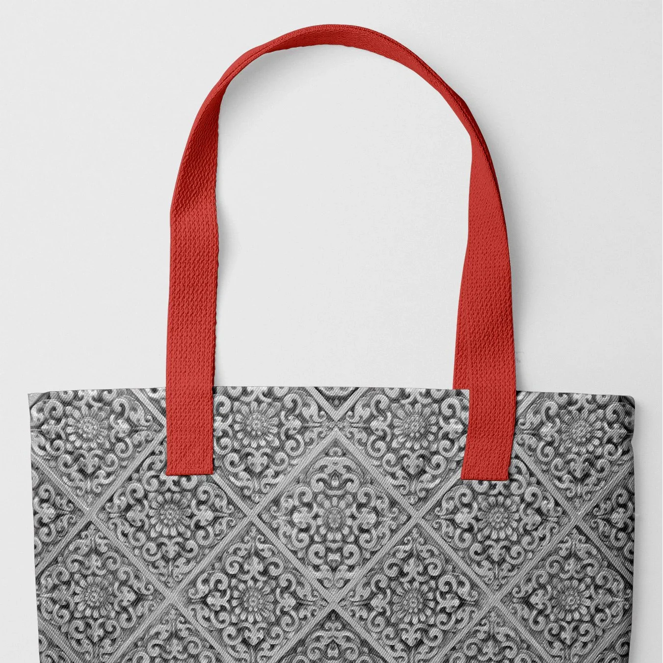 Flower Maze Tote - Black and White Shopping Bag, Red Handles, Flowandw-red, Tote Bag Gray Patterned Fabric Red Handles