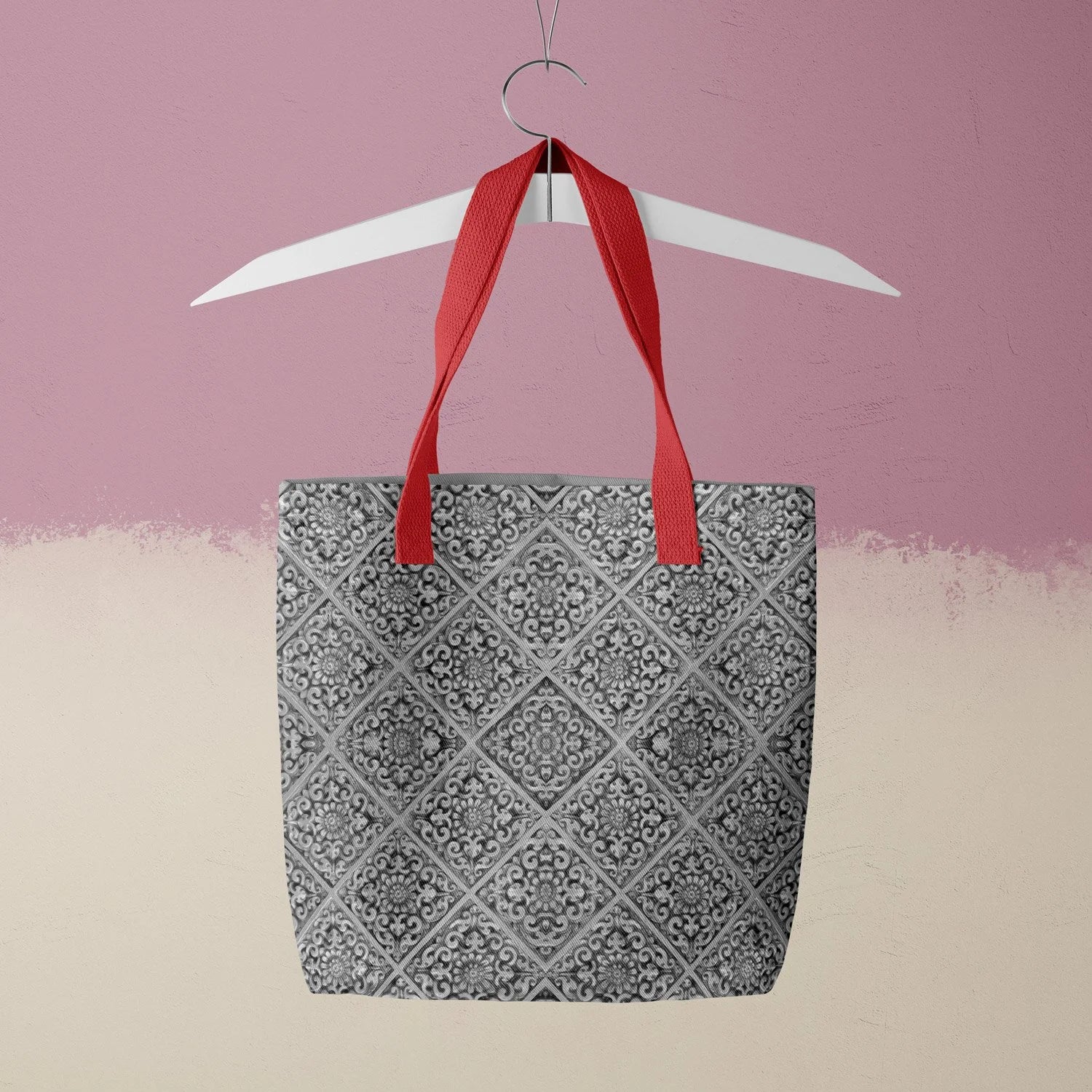 Flower Maze Tote - Black and White Shopping Bag, Patterned Gray Tote Bag Red Handles White Hanger