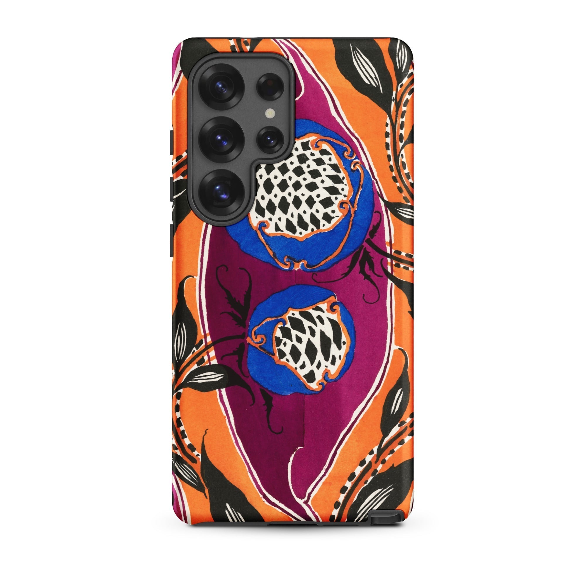 Flower Pods E.a. Seguy Pochoir Samsung Case, Galaxy S25 Ultra / Matte, Smartphone Case Vibrant Floral Leaf Pattern Orange Purple