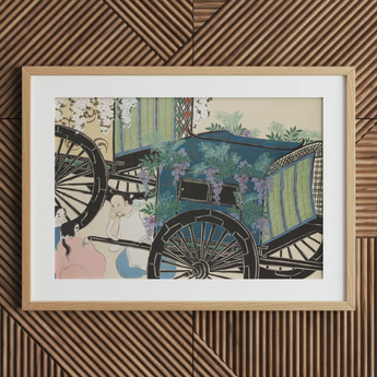 Blumenwagen - Kamisaka Sekka Holzschnitt-Kunstdruck, 30x20’’ / 76x51cm / Natürlicher Rahmen / 2’’ Passepartout, Poster Drucke & Visuelle Kunstwerke, Toby