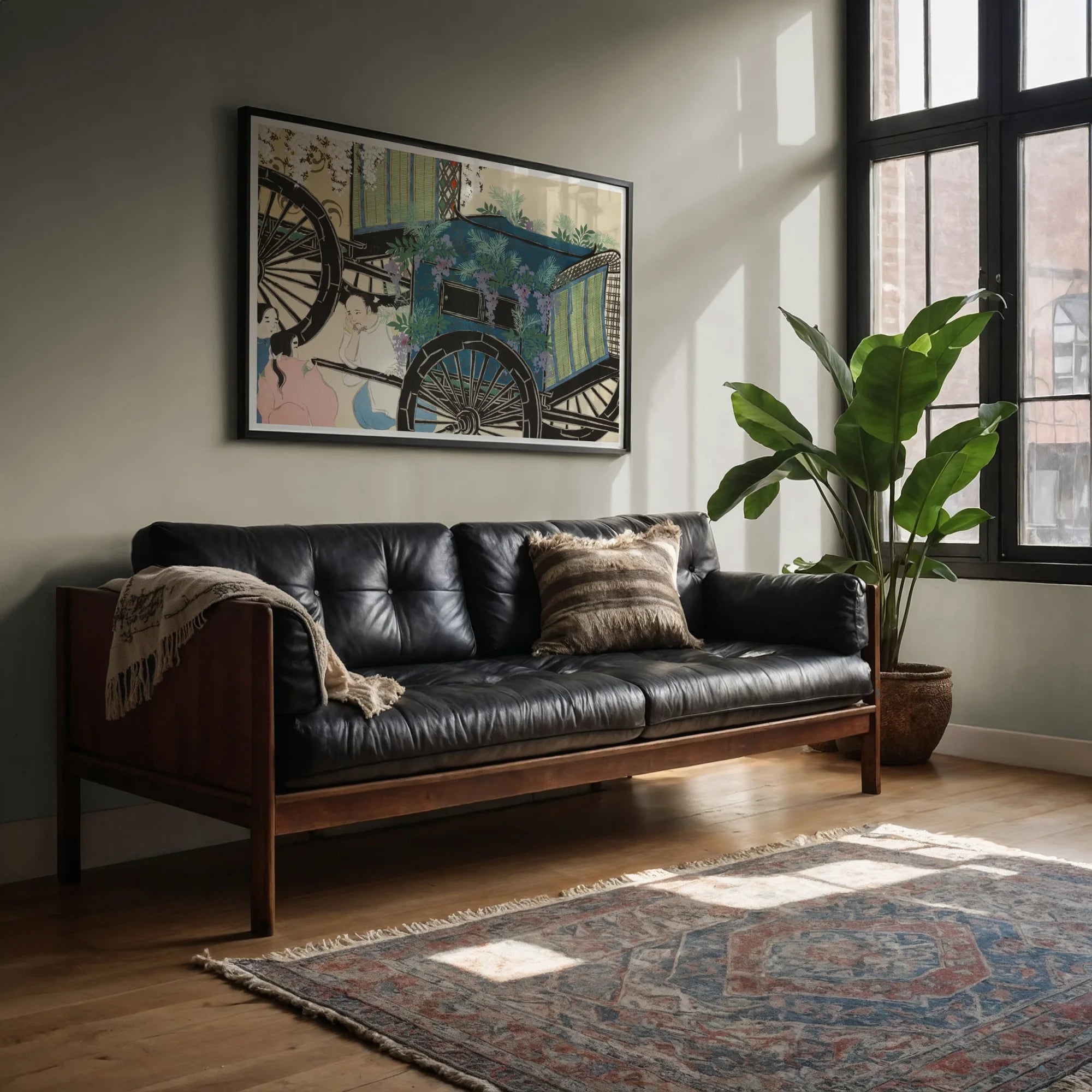 Flower Wagon - Kamisaka Sekka Woodblock Art Print, Black Leather Tufted Sofa Wooden Frame Arms