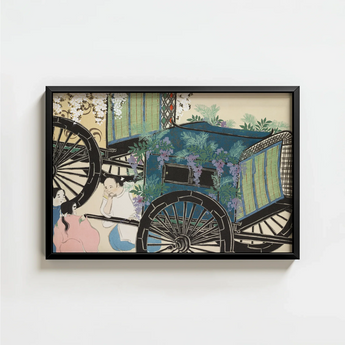 Black-framed Artwork Vintage Carriage Adorned Blue Green Floral Kamisaka Sekka, Momoyogusa Woodblock, Meiji-era Gem Blending