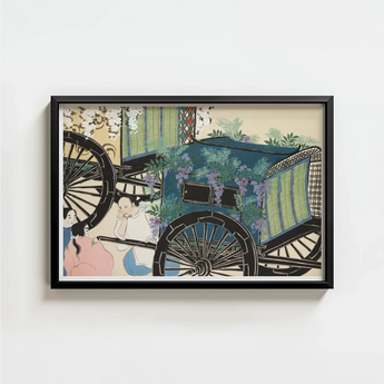 Black-framed Artwork Blue Carriage Adorned Green Foliage Purple Kamisaka Sekka, Momoyogusa Woodblock, Meiji-era Gem Blending