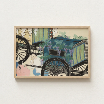Framed Artwork Vintage Carriage Adorned Lush Greenery Purple Kamisaka Sekka, Momoyogusa Woodblock, Meiji-era Gem Blending