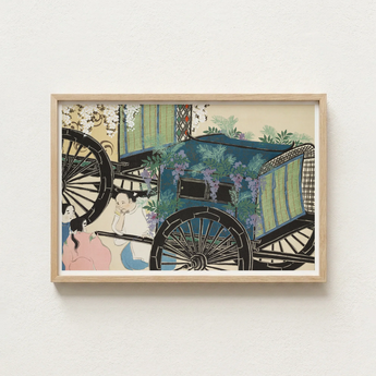 Framed Artwork Vintage Carriage Adorned Lush Greenery Purple Kamisaka Sekka, Momoyogusa Woodblock, Meiji-era Gem Blending